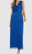 R M Richards Women's Blue Shimmery Crinkle Pleated V-Neck Maxi Dress Size 16