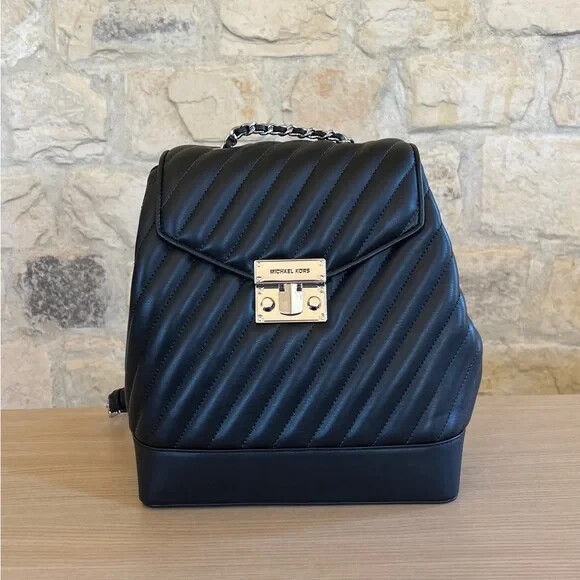 Michael Kors Rose Medium Chain Backpack Bag (Black/Silver) MICHAEL KORS ROSE BLACK MEDIUM CHAIN BACKPACK QUILTED BLACK  main image 3