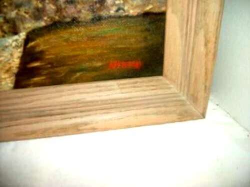 FOLK ART OIL PAINTING MILL HOUSE STREAM LANDSCAPE NAIVE MASONITE CHUNKY OAK VTG - Image 4 of 4