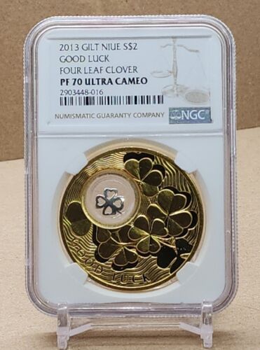 2013 NIUE $2 GOOD LUCK 4 LEAF CLOVER - NGC PF70 UC - GOLD GILT .925 SILVER COIN - Picture 1 of 6