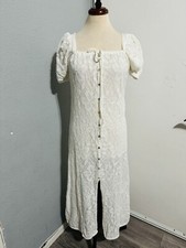 Zara Oyster White Jacquard Knit Squared Neck Summer Boho Midi Lined Dress Sz S