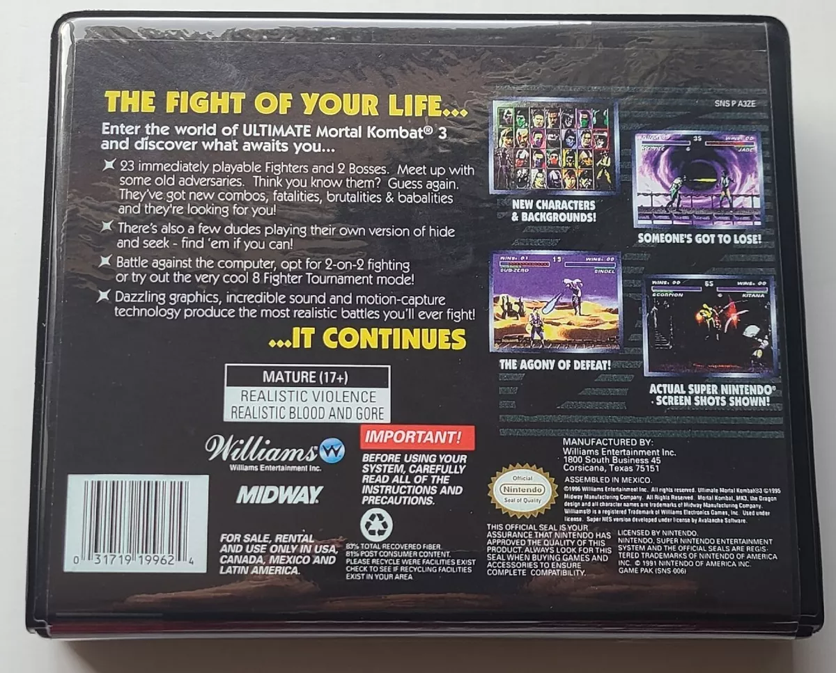 SNES Super Nintendo - Ultimate Mortal Kombat 3 - In Box w/ Dust Cover / Tested