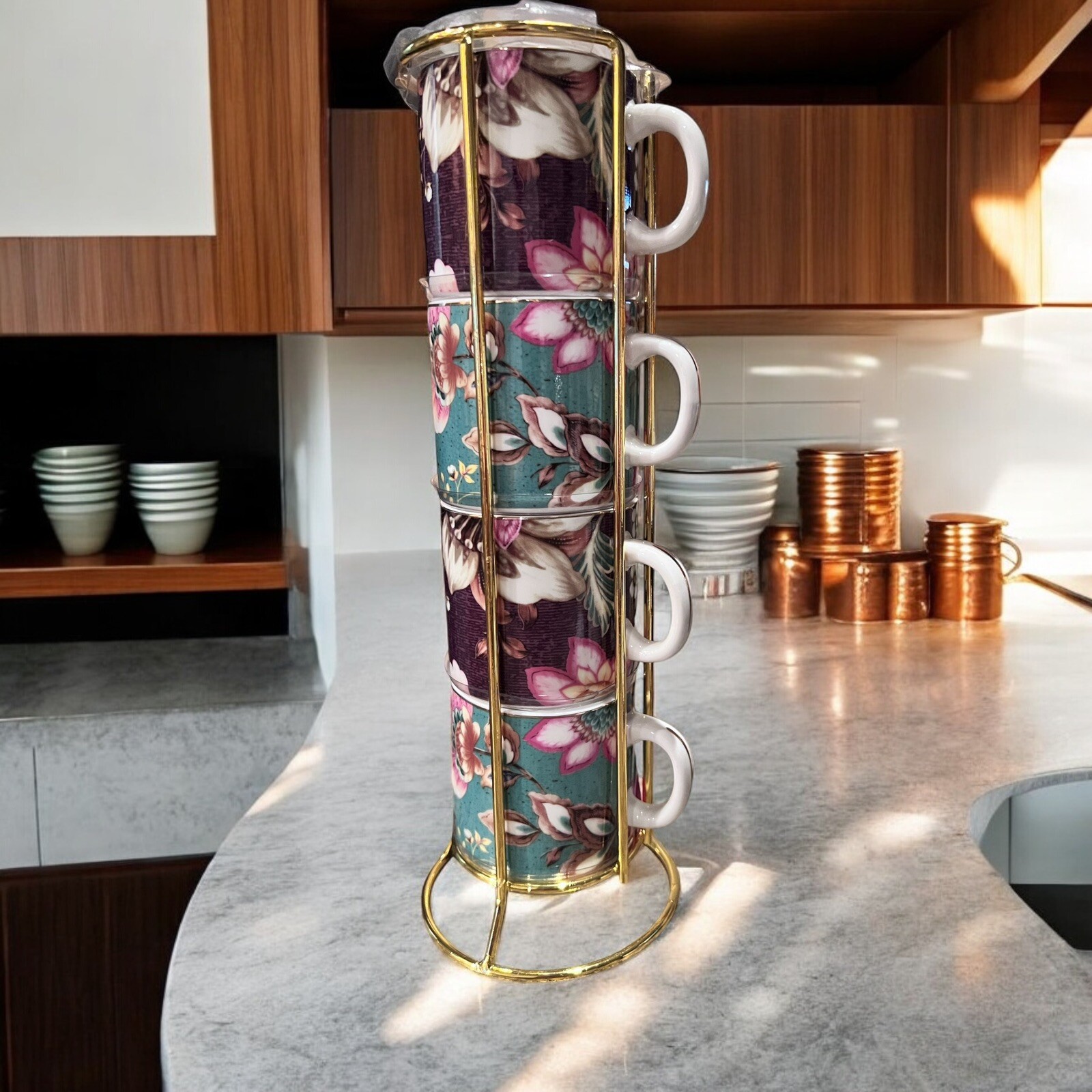 Grace's Teaware Floral  Beauty Stackable Tea/Coffee/Espresso Cups With Stand