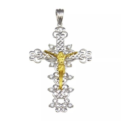 Sterling Silver Crucifix Cross Two Tone Pendant w/ Cubic Zirconia ...