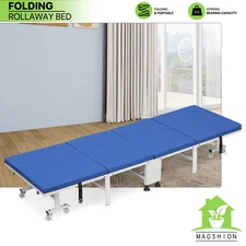 Navy Blue Folding Camping Cot Rollaway Guest Office Sleeping Bed w/Foam Mattress