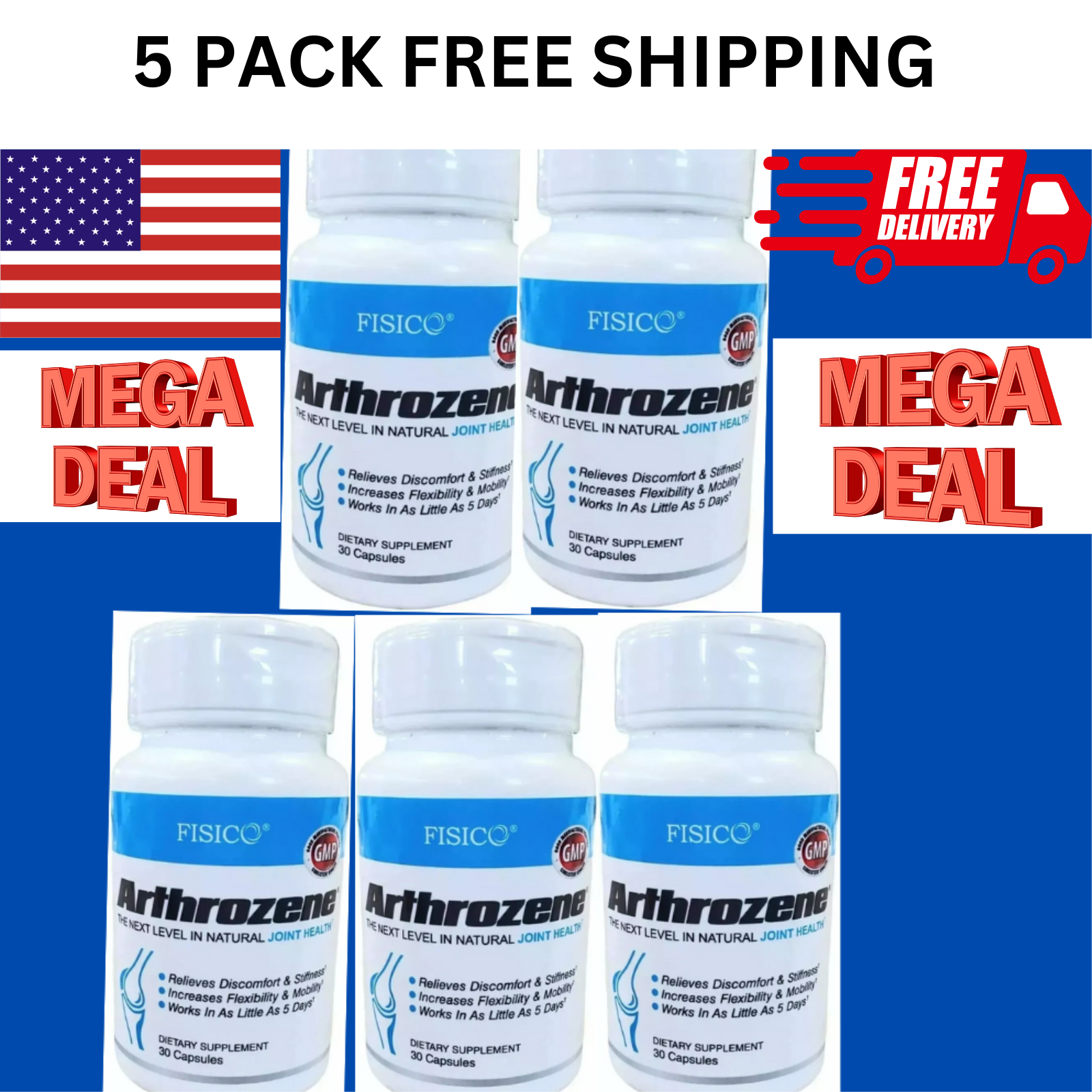 5x Fisico Arthrozene Natural Joint Health Supplement 30 Capsules FREE Shipping
