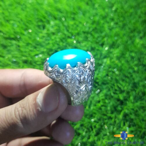 Natural Rare Nishapuri Feroza Ring 925 Silver Turquoise Ring For Men Size 10 - Picture 2 of 6