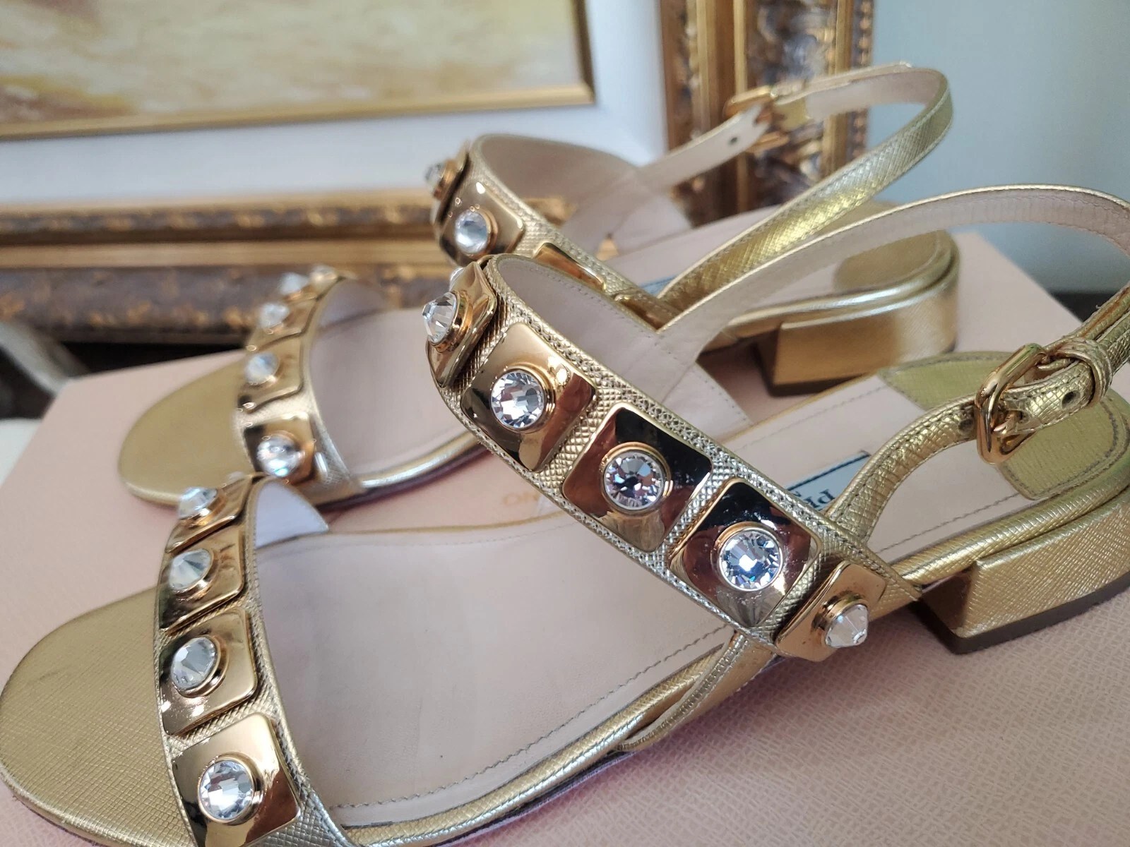 Prada sandalo scarpe basse tacco cubano oro saffiano pelle cristallo IT 35 5 US 5 5