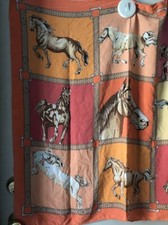 Vintage Horse Scarf Orange and Pink w Rolled Edge