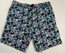 Pacific Blue Black Draw String Swim Trunks Size Large Geometric Graffiti