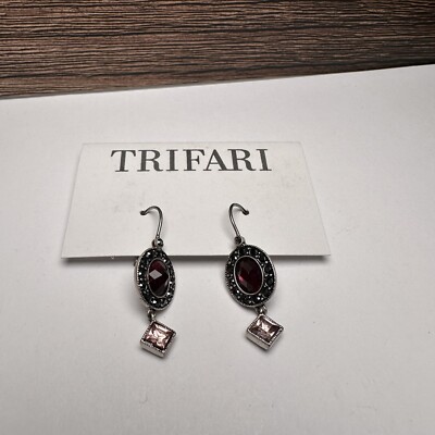 Trifari Silver Tone Red / Pink Rhinestone Small Dangle  Drop Pierced Earrings