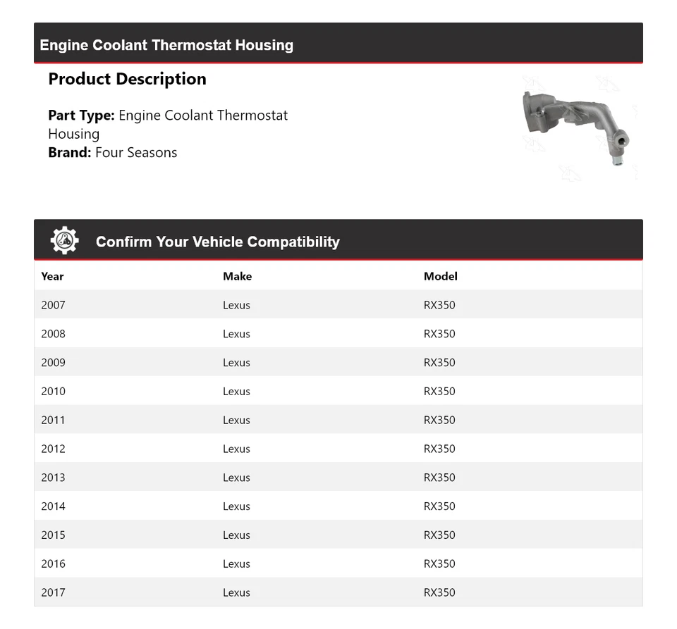 适用于 2007 - 2017 雷克萨斯 RX350 发动机冷却液恒温器外壳 2008 年 4 季 — 第 2/4 张图片