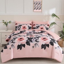 Comforter Set 7 Piece Bed in a Bag,Botanical Pattern Queen Pink Black Floral
