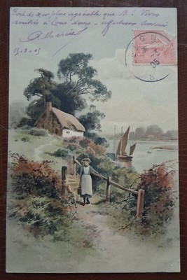 Old postcard - cottage by the water - Meissner & Buch series 1277