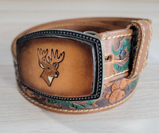 Vtg Chambers Hand Tooled Belt Size 38 Weaver Leather Buckle Deer Hunting Acorns