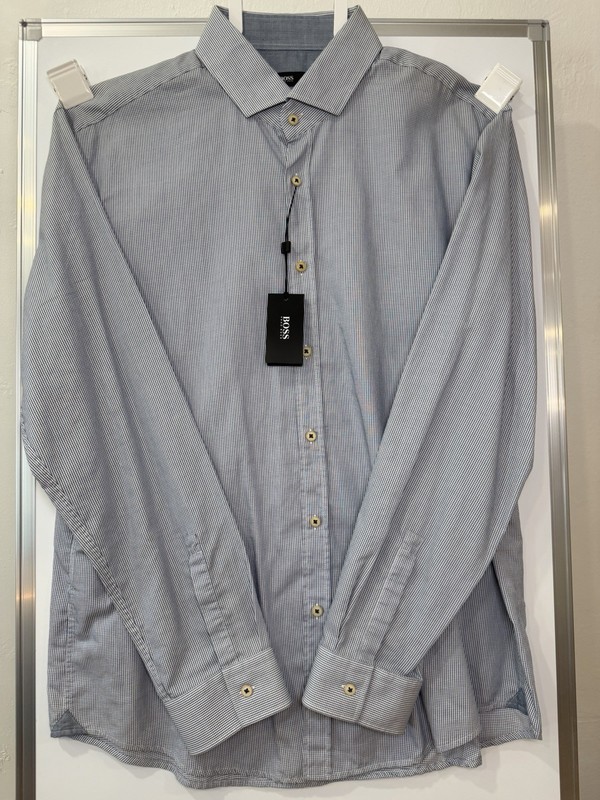 NWT HUGO BOSS Micro Check Blue White Shirt XXL Long Sleeve Slim Fit