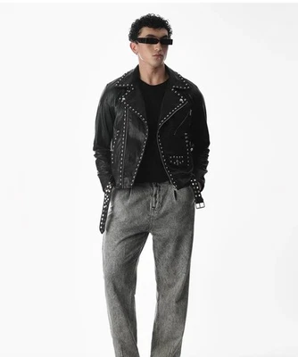 Star Collection Easy Rider Herren Bikerjacke Leder Schwarz Nieten Stehkragen - Bild 1 von 4