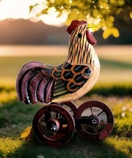 Wooden Carved Hen on Moving Wheels 6" Handpainted Vintage Folk Art