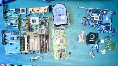 Parts computer and Lenovo laptop: Motherboard, Circuit Gold, metals Chips, CPUs.