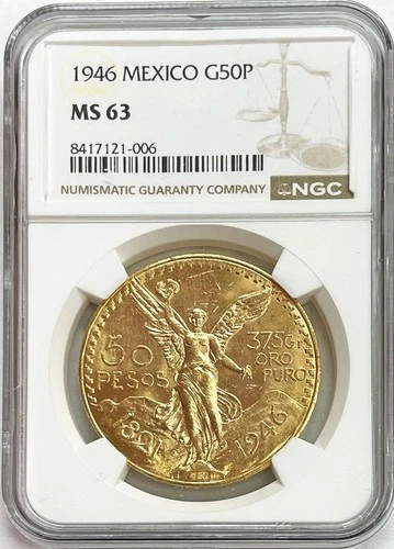 1946 GOLD MEXICO 50 PESOS WINGED VICTORY COIN NGC MINT STATE 63