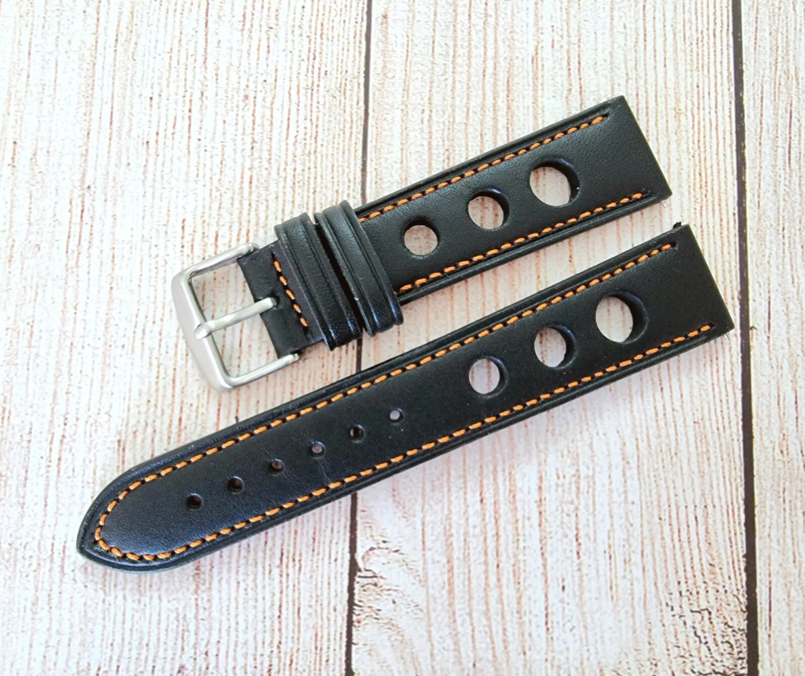 Premium Leather Watch Strap Band Rally Racing 18mm 20mm 22mm 24mm Black Orange
