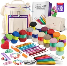Beginner Crochet Kit with Yarn, Hooks, Bag, and Video Tutorials for All Ages