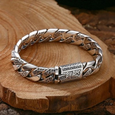 Herren Massiv 925 Sterlingsilber Schwer Dick Verschluss Kubanische Kette Glieder Retro Armband