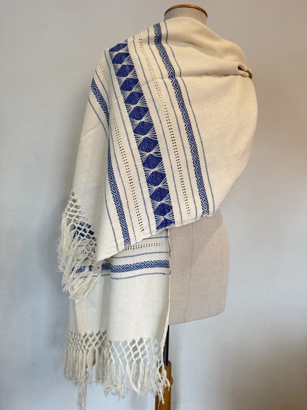 Mexican Rebozo Michoacan Natural White Blue Deshilado Blanco Natural Wrap Shawl