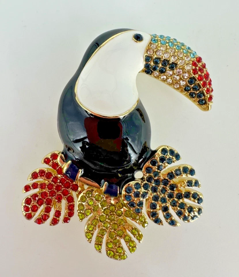 Broche Talbots Tucán Esmaltado Blanco y Negro con Hojas de Estrás Multicolor Foto 3 de 4