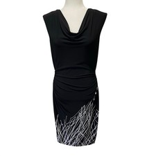 Calvin Klein Sheath Midi Dress Black White Abstract Sz 8 Cowl Neck Ruched Chic