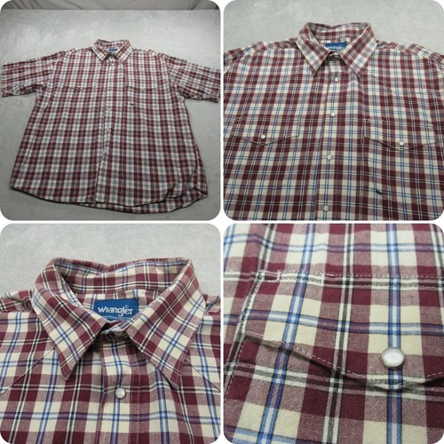 Wrangler, Wrangler Peal Snap Shirt Men Burgundy Blue Cotton Vintage Pocket Cowboy Western