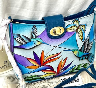 ANUSCHKA NWT  RARE  Chain Detailed Crossbody-Bird Glass Painting Blue 7588