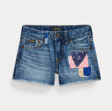 NWT Polo Ralph Lauren Patchwork Denim Short Girls Blue Distressed Frayed Hem