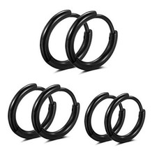 316L Surgical stainless steel hoop earrings G:3pairs,8mm 10mm 12mm,black