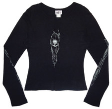 VTG Y2K GOTH GOTHIC ODM BLK H.R. GIGER ALIEN SKULL L/S TOP SHIRT Jrs L HOT TOPIC