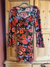 Nobody’s Child Floral Mini Dress UK 8 Black Red Boho Long Sleeve Tie Front