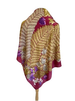 CODELLO Vintage Pure Silk Scarf Made in Italy Floral Fern Leaf Burgundy #A99