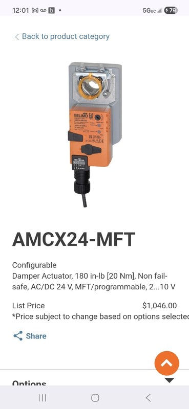 Belimo  Damper AMCX24-MFT Actuator, 180 in-lb 20 Nm 24VAC/DC