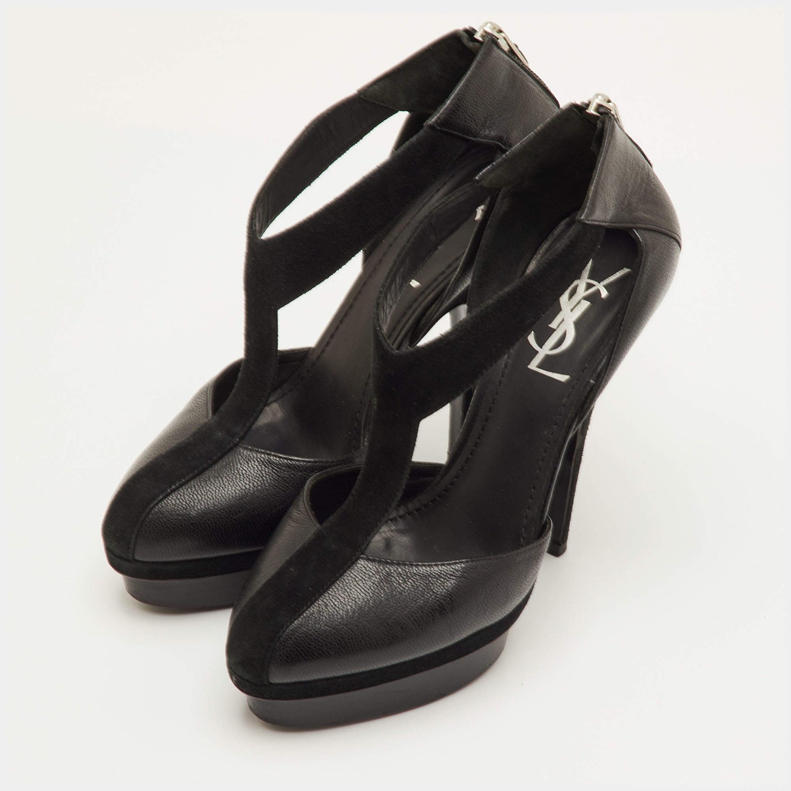 Saint Laurent Easy Y Size 38 Black Leather and Suede Platform Pumps thumbnail 2