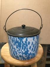 BEAUTY BLUE WHITE MINERS LUNCH BUCKET BEAUTIFUL NEAR MINT GRANITEWARE ENAMELWARE