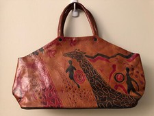 VINTAGE TOOLED LEATHER PURSE HANDBAG WITH AFRICAN GIRAFFE MOTIF  TWO HANDLES