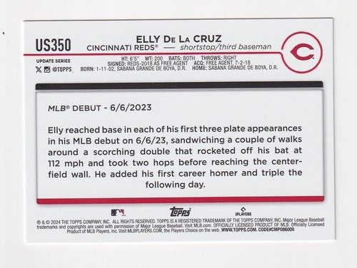 2024 Topps Update Series Elly De La Cruz, Cincinnati Reds - Rookie Debut US350 - Bild 2 von 2