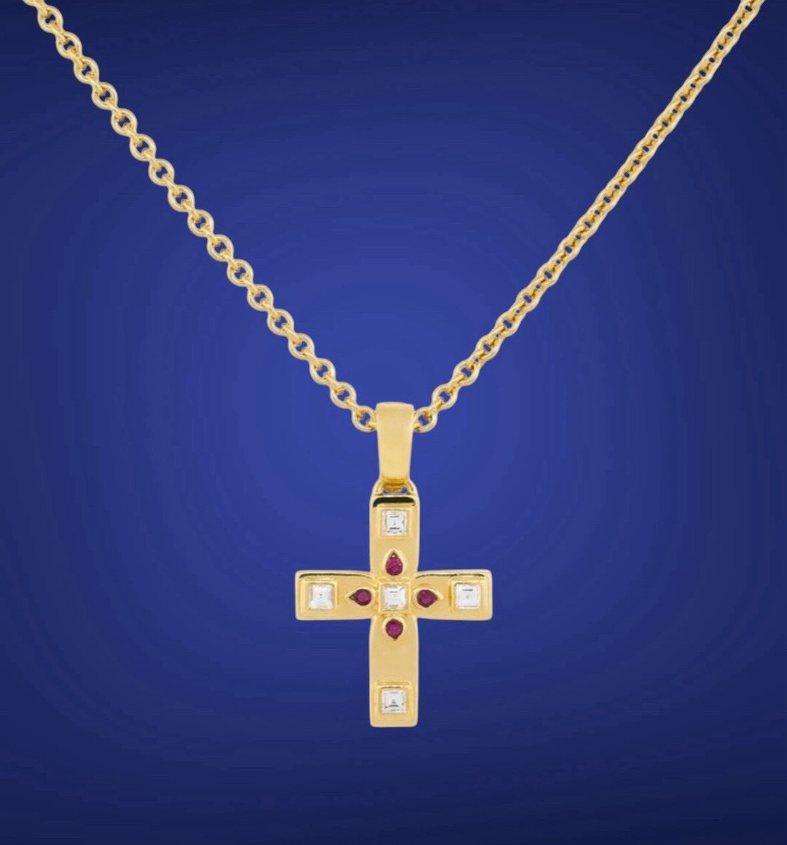 Rare Cartier 18K Yellow Gold Byzantine Ruby Diamond Cross Necklace