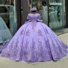 Lavender Quinceanera Dresses Shiny Beaded Bow Birthday Prom Ball Gowns Sweet 16