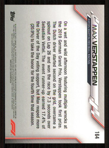 2020 Topps Chrome Formula 1 #164 Max Verstappen/Grand Prix Driver of the Day - Picture 2 of 2