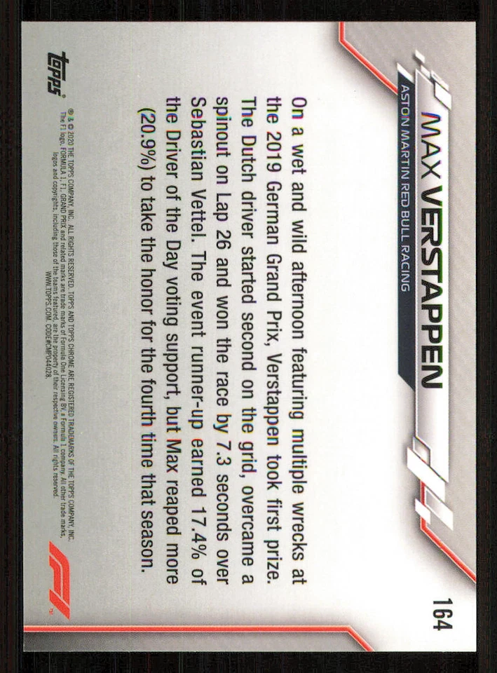 2020 Topps Chrome Formula 1 #164 Max Verstappen/Grand Prix Driver of the Day - Image 2 of 2