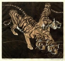 Tigers – Norbertine Bresslern-Roth 1923 Expressionist Linocut Big Cat Wildlife