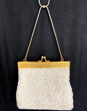 Vintage Micro Beaded Floral Decorated Purse Gold Frame Evening Bag