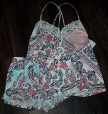 NWT In Bloom by Jonquil Peach/Aqua PATCHWORK Knit Pajama/Lounge SHORTS Set L