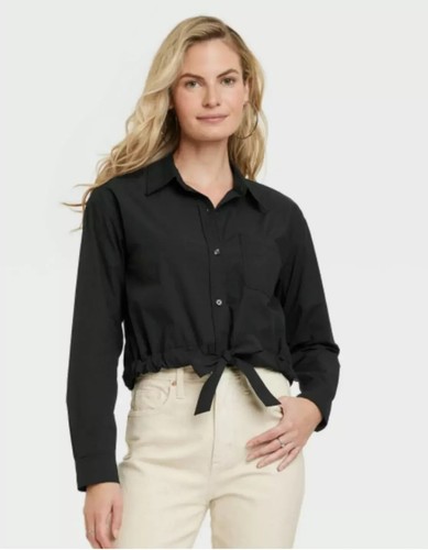 Universal Thread Women's Long-Sleeve Black Shirt Tie Waist Button Front M